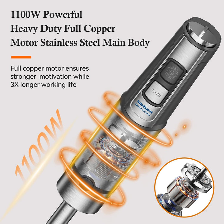 Anybear Immersion Blender, 1100W 2-in-1 Hand Held Blender with Full Copper Motor & Stainless Steel B