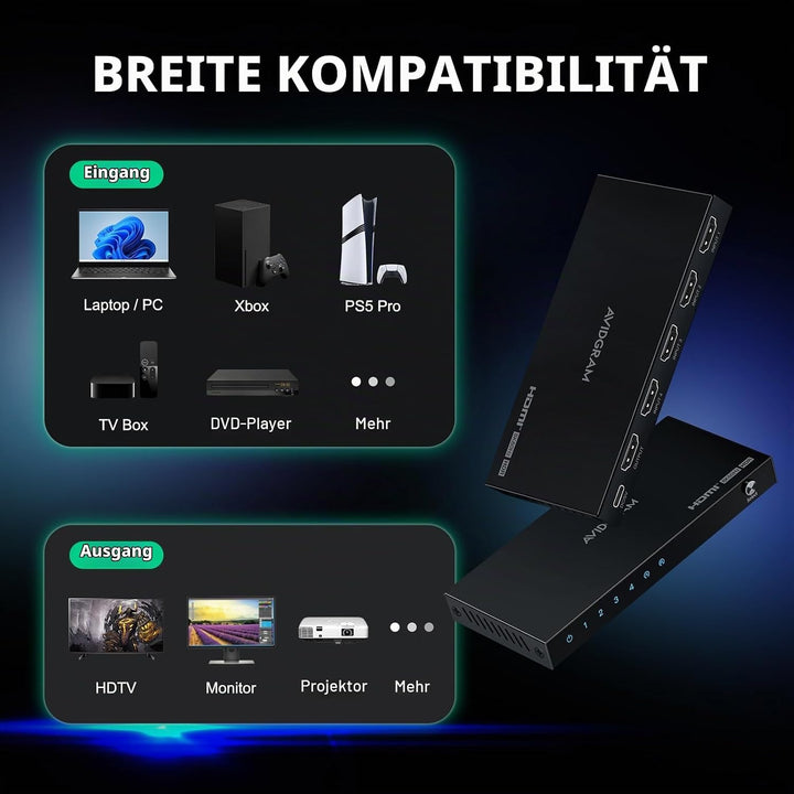 HDMI 2.1 Switch 8K 60Hz, AVIDGRAM HDMI Switch 4 in 1 Out mit IR-Fernbedienung, 4 Port 4K 120Hz HDMI