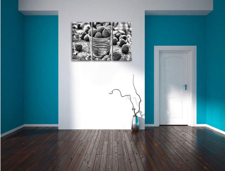 Pixxprint Monocrome, Früchte Eimer Obst Fruit Food 3-Teiler Leinwandbild 120x80 Bild auf Leinwand