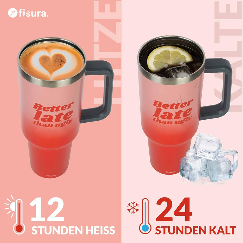 Fisura – Thermoflasche 1,2 Liter "Better late“. Grosse Thermoflasche in rosa. Flasche aus Edelstahl.