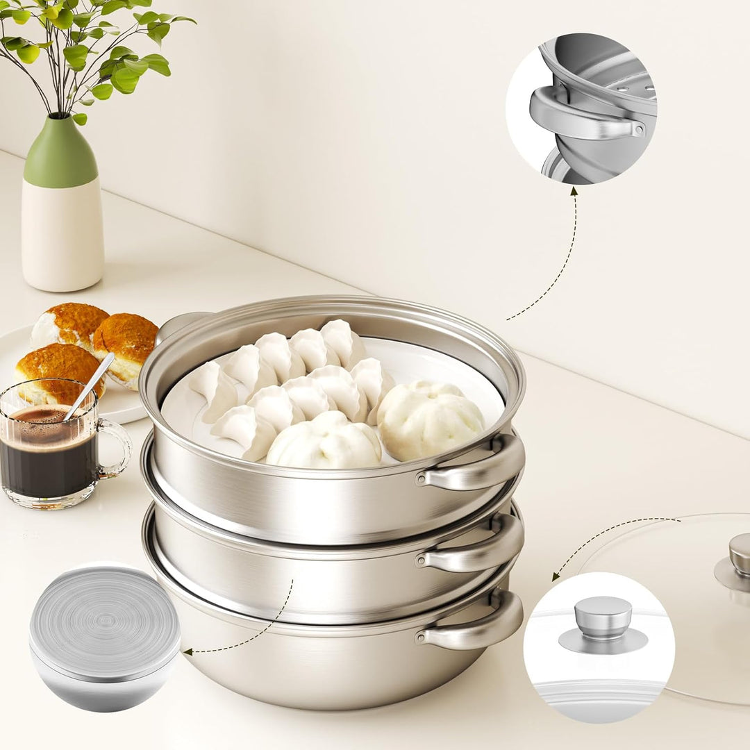 Dampfgarer zum Kochen – 28 cm Edelstahl-Dampfgarer mit Dämpfeinsatz, 3/4/5-stöckiges Kochgeschirr mi