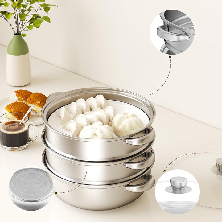 Dampfgarer zum Kochen – 28 cm Edelstahl-Dampfgarer mit Dämpfeinsatz, 3/4/5-stöckiges Kochgeschirr mi