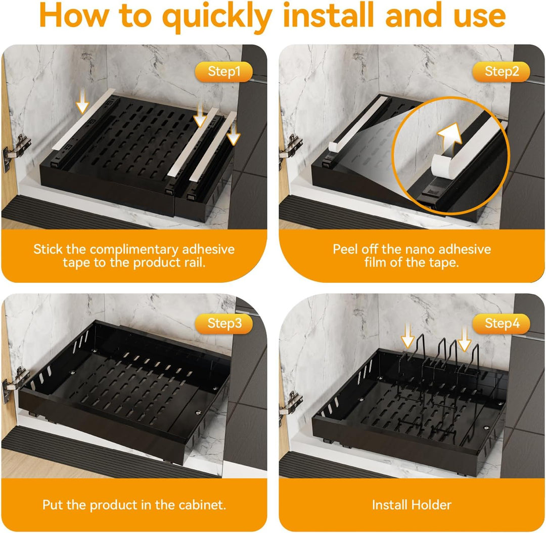 2 Pack erweiterbar Pull Out Cabinet Organizer Adhesive mit 8 Geschirrhalter, Pull Out Regale für Küc
