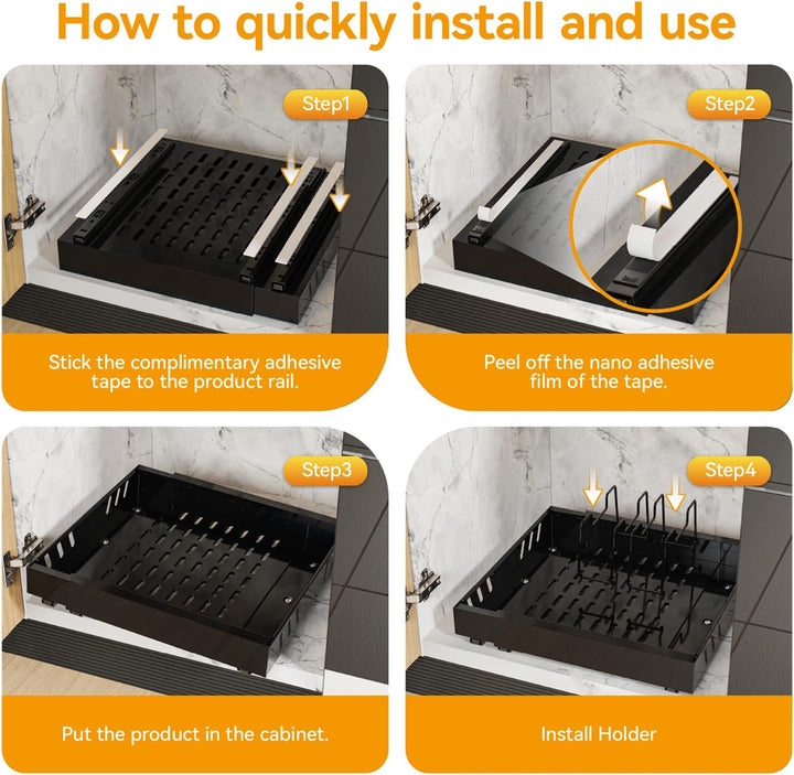 2 Pack erweiterbar Pull Out Cabinet Organizer Adhesive mit 8 Geschirrhalter, Pull Out Regale für Küc
