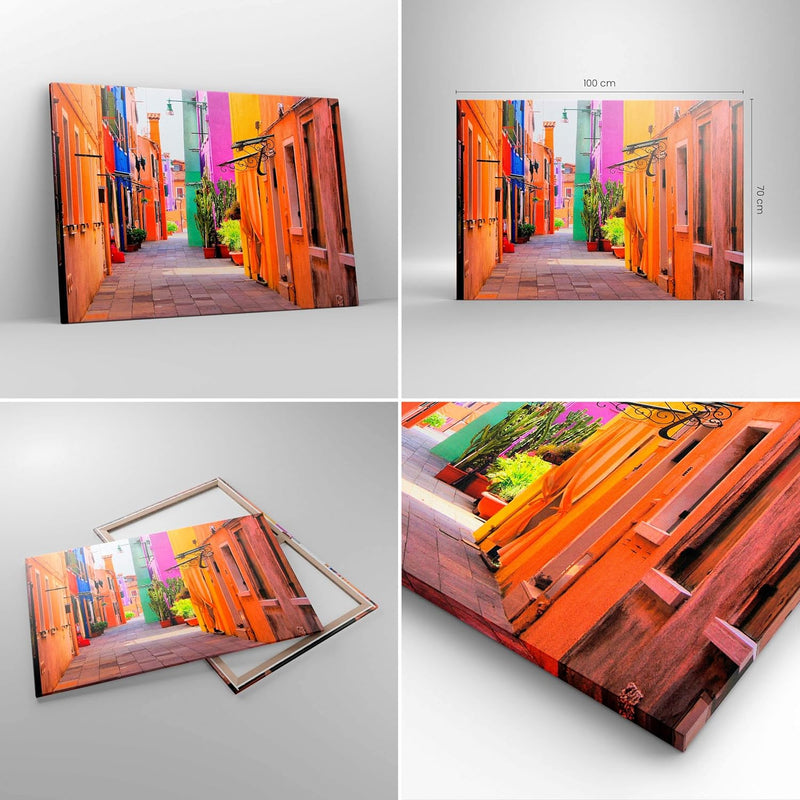 Bilder auf Leinwand 100x70cm Leinwandbild mit Rahmen Sommer Strasse Haus Gross Wanddeko Bild Schlafz