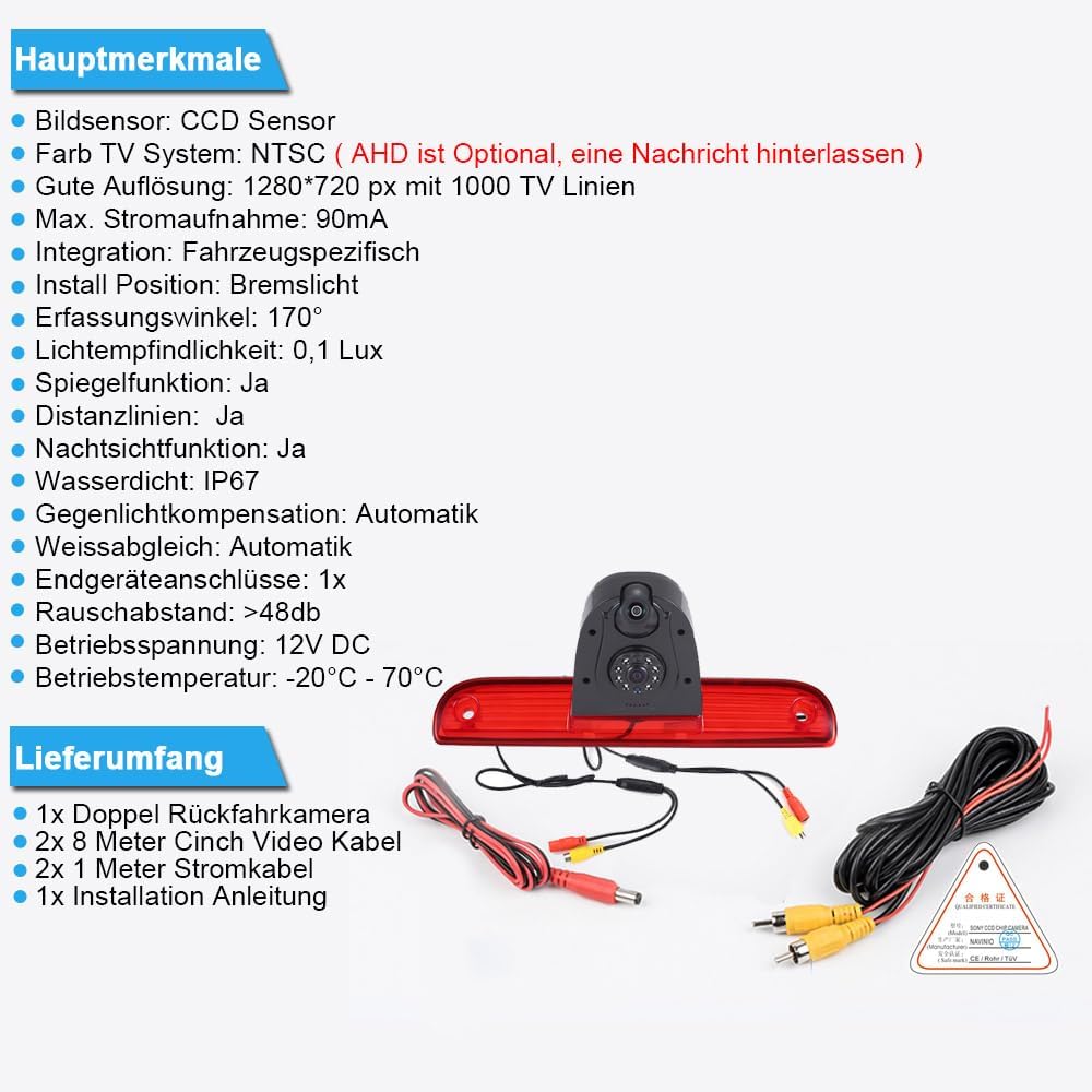 Doppel-Rückfahrkamera im Bremsleuchte,Auto Rückfahrkamera mit Zwei Kameras+7" LCD Monitor für FIAT D