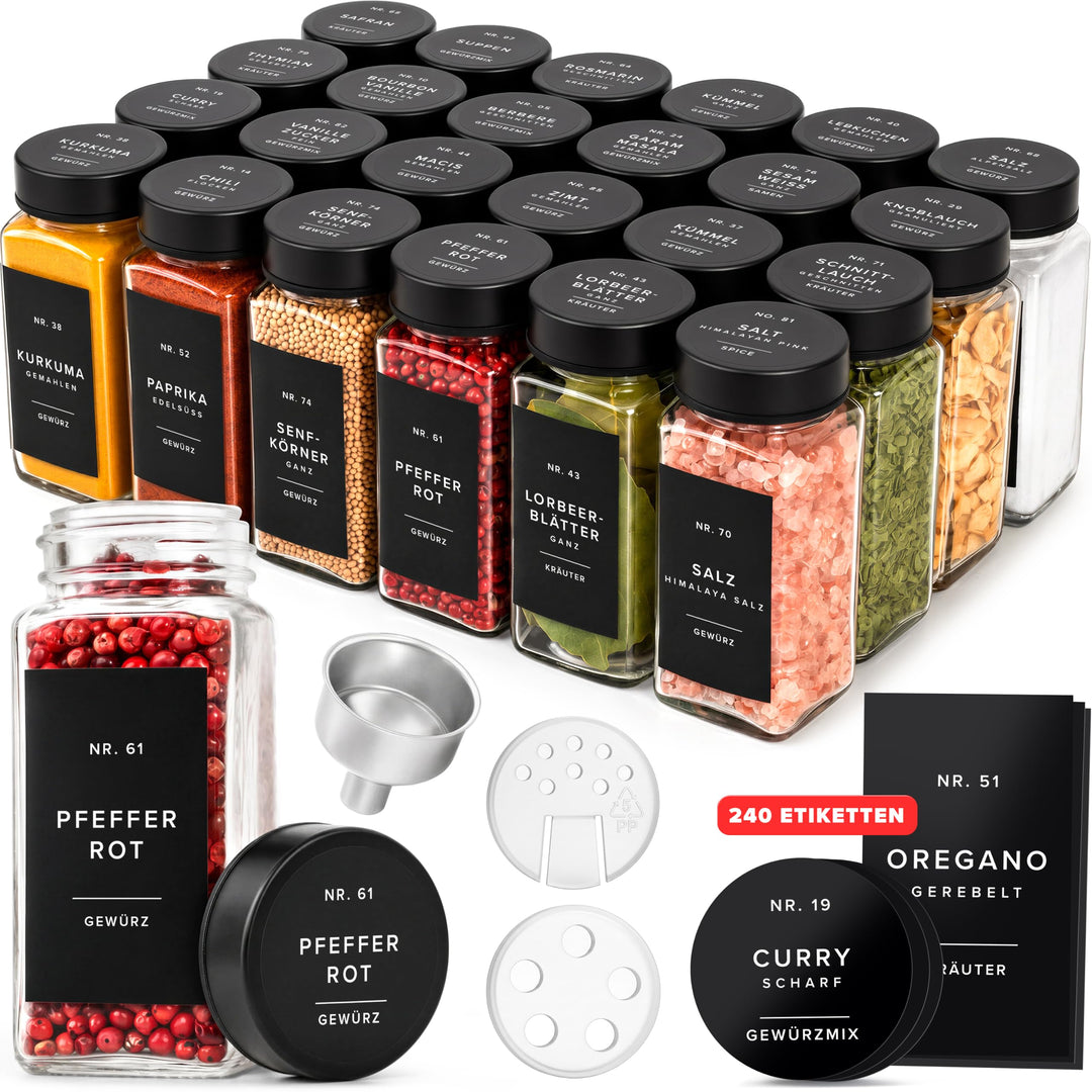 EDELHAUS Gewürzgläser Eckig Set mit Edelstahl Deckel Schwarz (24 x 120ml) Gewürzstreuer mit Streuein