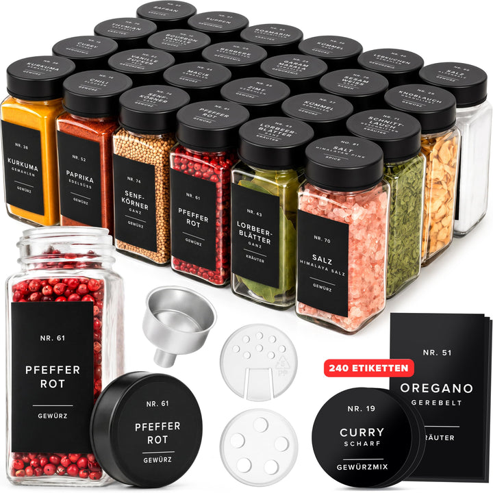 EDELHAUS Gewürzgläser Eckig Set mit Edelstahl Deckel Schwarz (24 x 120ml) Gewürzstreuer mit Streuein