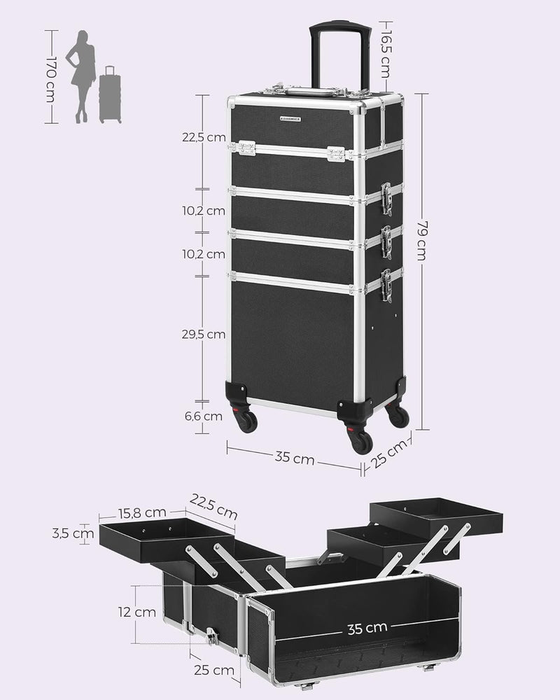 SONGMICS Kosmetikkoffer, Trolley, 4-in-1 Schminkkoffer, gross, Friseurkoffer, 35 x 25 x 79 cm, absch