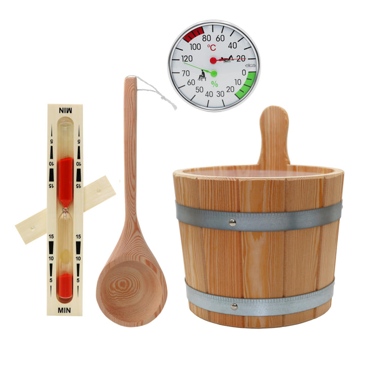 HAF Saunakübel Set Lärche 5 Liter mit Einsatz, 40cm Saunakelle Kiefernholz, Sanduhr und Klimamesser