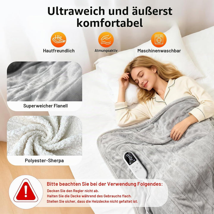 Heizdecke mit Abschaltautomatik 130x180 cm Elektrische Wärmedecke mit 8 Heizstufen bis 55°C &amp; 12 Stu