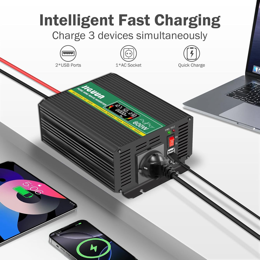 JIGUUN 600W Wechselrichter Reiner Sinus Spannungswandler 12v 230v Inverter Mit EU-Steckdose und 2 US