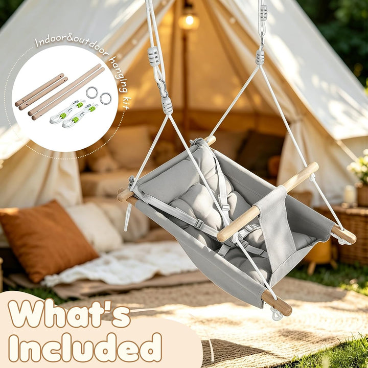 Babyschaukel 3 in 1, Holz-Hängeschaukelsitz mit Sicherheitsgurt und Baumwollkissen, Einstellbar Baby