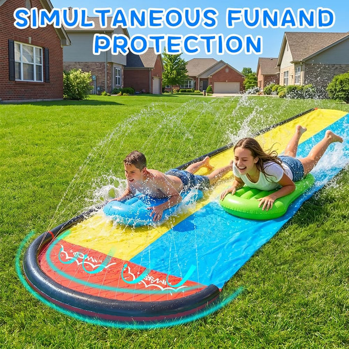 Double Wasserrutsches mit 2 Bodyboards, 19.6ft/600cm Wasserrutsche Garten für Kinder, Wasserrutsche