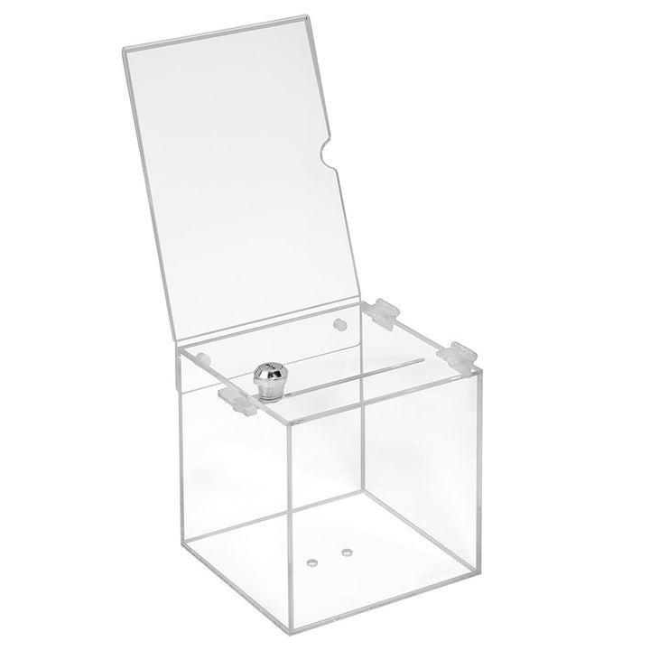 Losbox aus Acrylglas in 150x150x150mm mit Schloss und Topschild DIN A5 Hoch - Zeigis® / Spendenbox/A