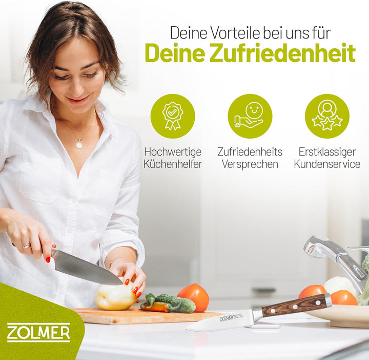 ZOLMER® Messerset X5 – Profi Allzweckmesser, Brotmesser, Kochmesser, Gemüsemesser & Wetzstahl – Scha