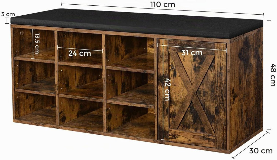 VASAGLE Schuhbank, Aufbewahrungsschrank, Schuhregal mit 9 offenen Fächern und einem Schrank, mit Pol