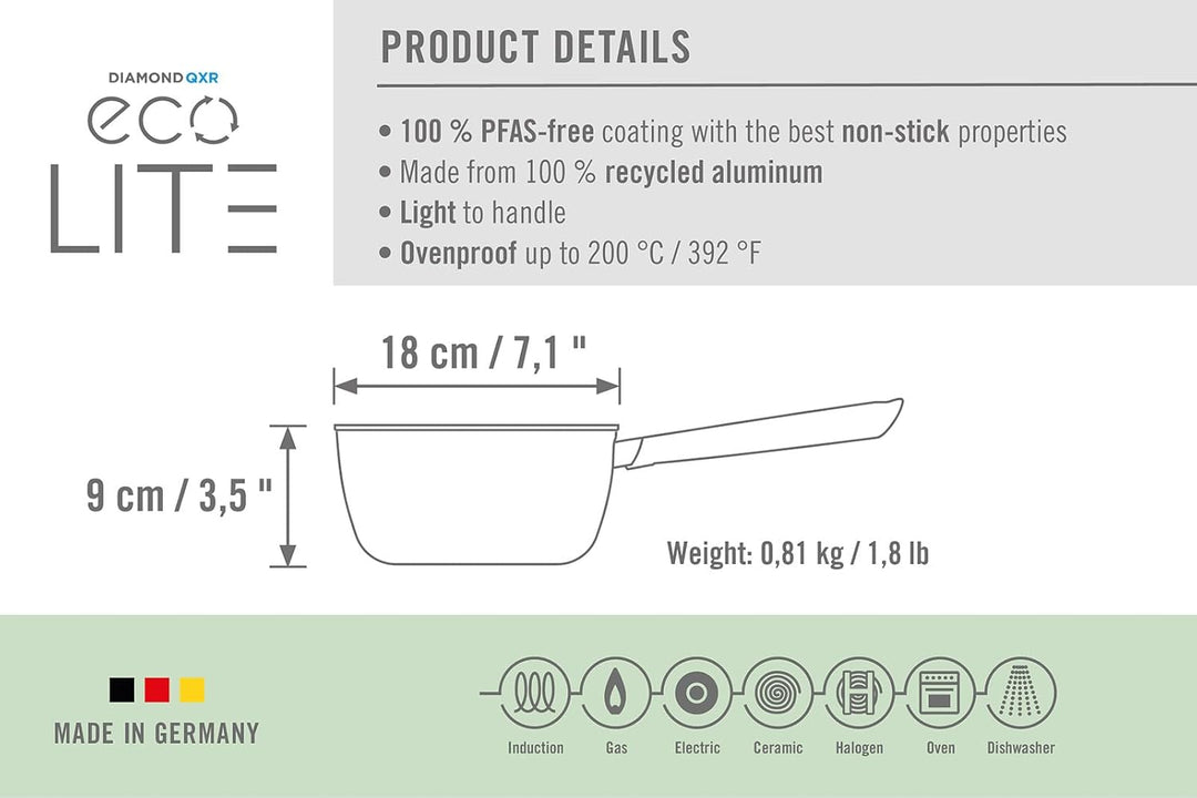 WOLL – Eco Lite QXR Stieltopf Ø 18 cm, 2,0 l mit festem Stiel – Antihafttopf Diamond-QXR Versiegelun