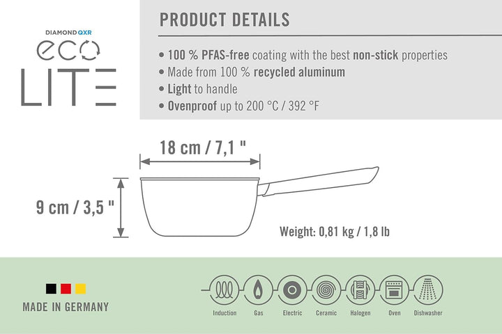 WOLL – Eco Lite QXR Stieltopf Ø 18 cm, 2,0 l mit festem Stiel – Antihafttopf Diamond-QXR Versiegelun