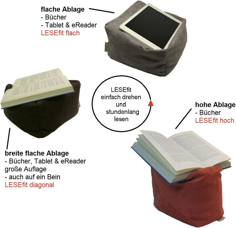 LESEfit soft Buchkissen Lesekissen – frei formbarer Buchhalter für Bett - Handgefertigt aus Antiruts