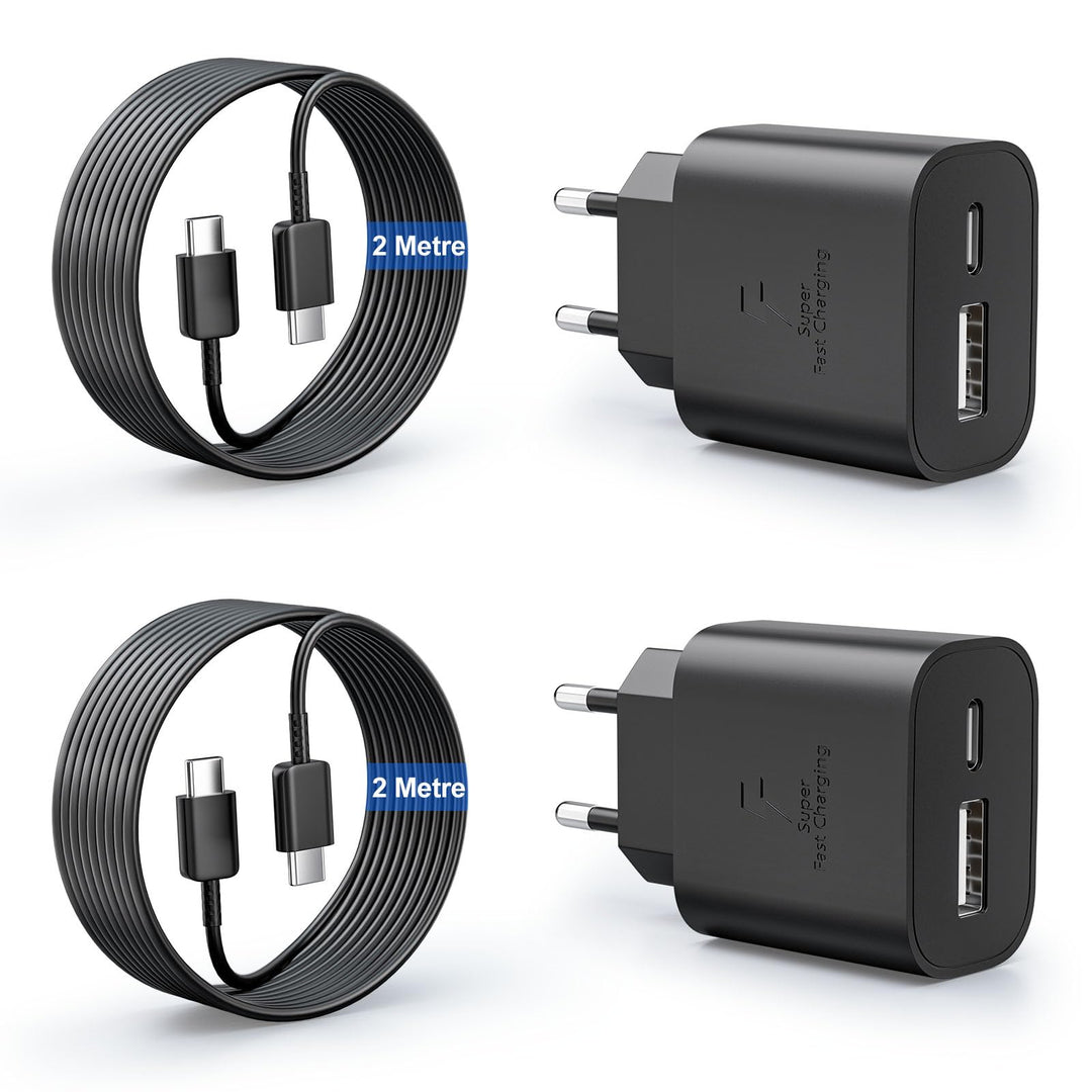 2er-Pack 25W USB C Ladegerät Super Fast Charger mit 2M Typ C Ladekabel, 2-Port USB-A&amp;USB-C Handy Net