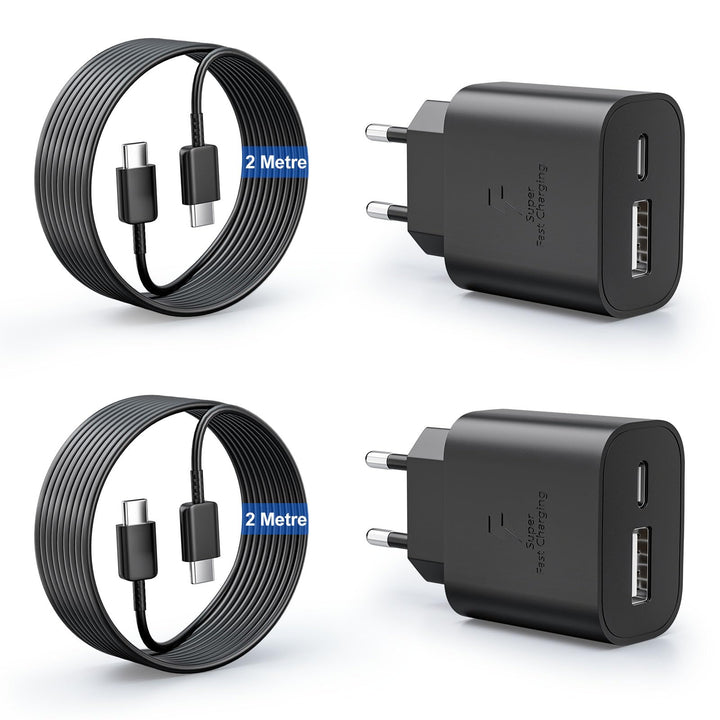 2er-Pack 25W USB C Ladegerät Super Fast Charger mit 2M Typ C Ladekabel, 2-Port USB-A&amp;USB-C Handy Net