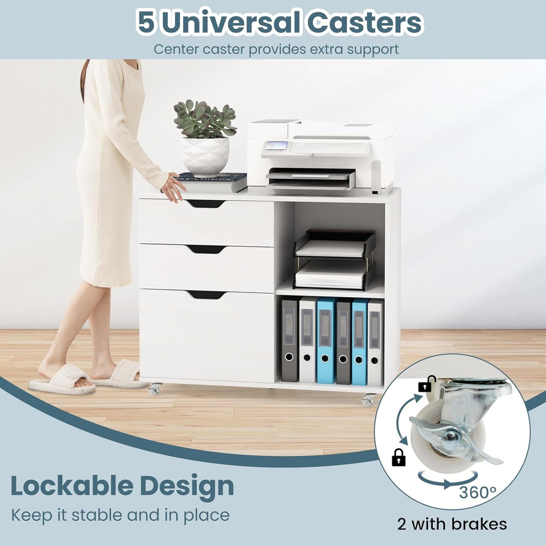 KOMFOTTEU Rollcontainer mit 3 Schubladen & verstellbarem Regal, mobiler Aktenschrank mit 5 Rollen, D