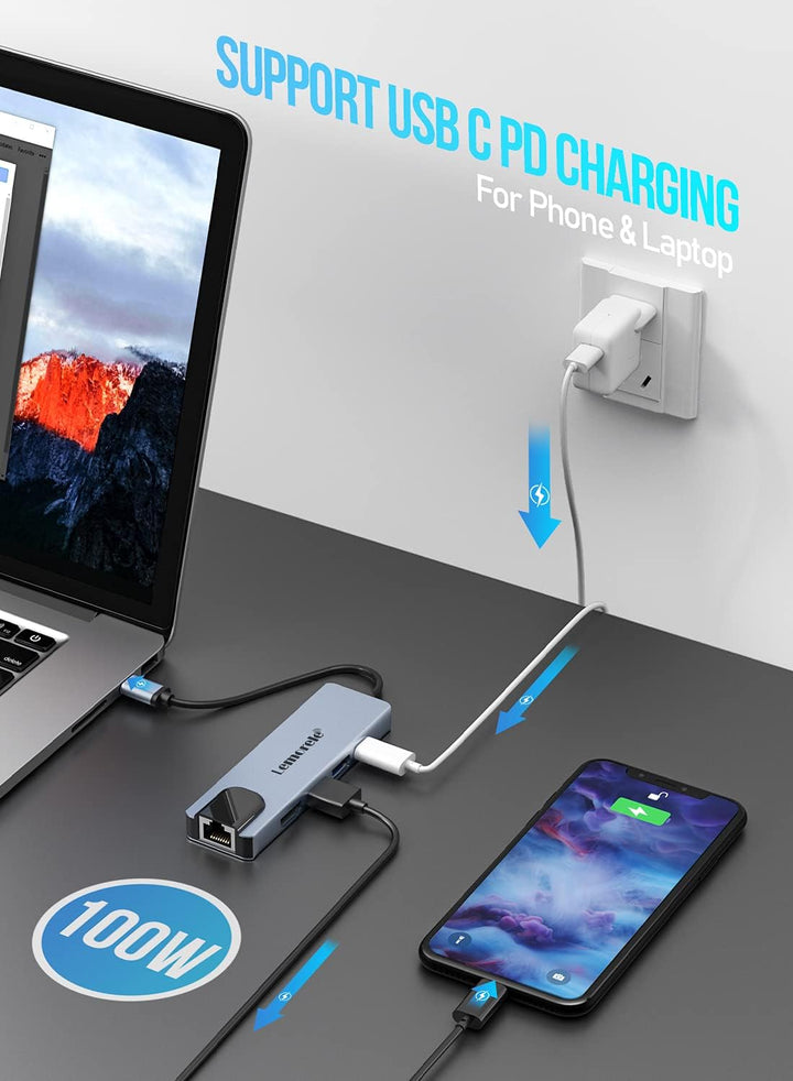 Lemorele USB C Hub (5 in 1 - Upgraded), USB C Multiport Adapter mit HDMI 4K, LAN RJ45 Ethernet, 2 US