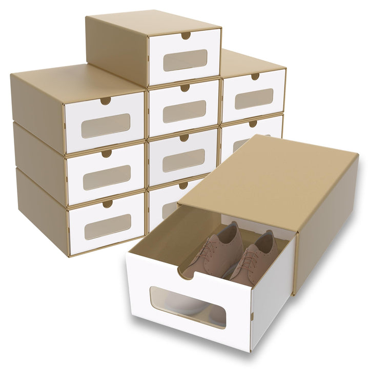 Schuhbox mit Sichtfenster & Schublade 10er Boxen-Set Aufbewahrungsbox Braun Schuhkiste Schuhschachte