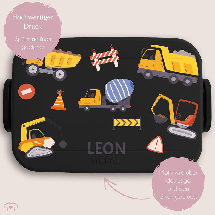 Kinder Bento Box Midi für Mepal Bentobox - Brotbox Bagger mit Name Lunchbox Baustelle Jausenbox Baus