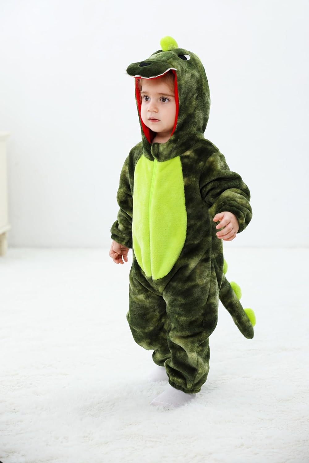 LOLANTA Baby Dinosaurier Drachen Kostüm mit Kapuze, Kinder Flanell Overall, Karneval Kostüm für Klei