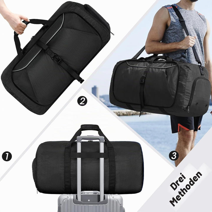 Faltbare Reisetasche 65L 80L 100L Grosse Leichte Sporttasche mit Schuhfach für Herren Damen Weekende