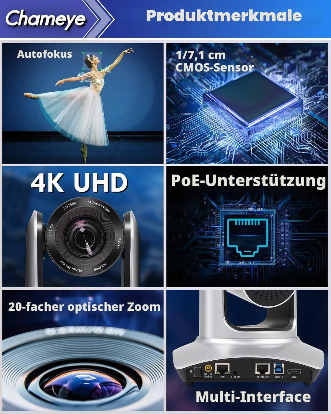Chameye 4K PTZ Kamera 20x Optischer Zoom mit HDMI, USB3.0 Plug und Play, LAN(PoE) für Videokonferenz