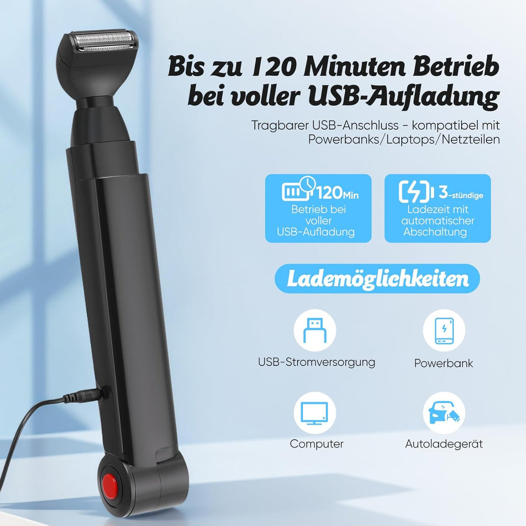 Rückenrasierer für Männer, Körpertrimmer Elektrischer mit 2 abnehmbare Scherköpfe & Ergonomischer Ar