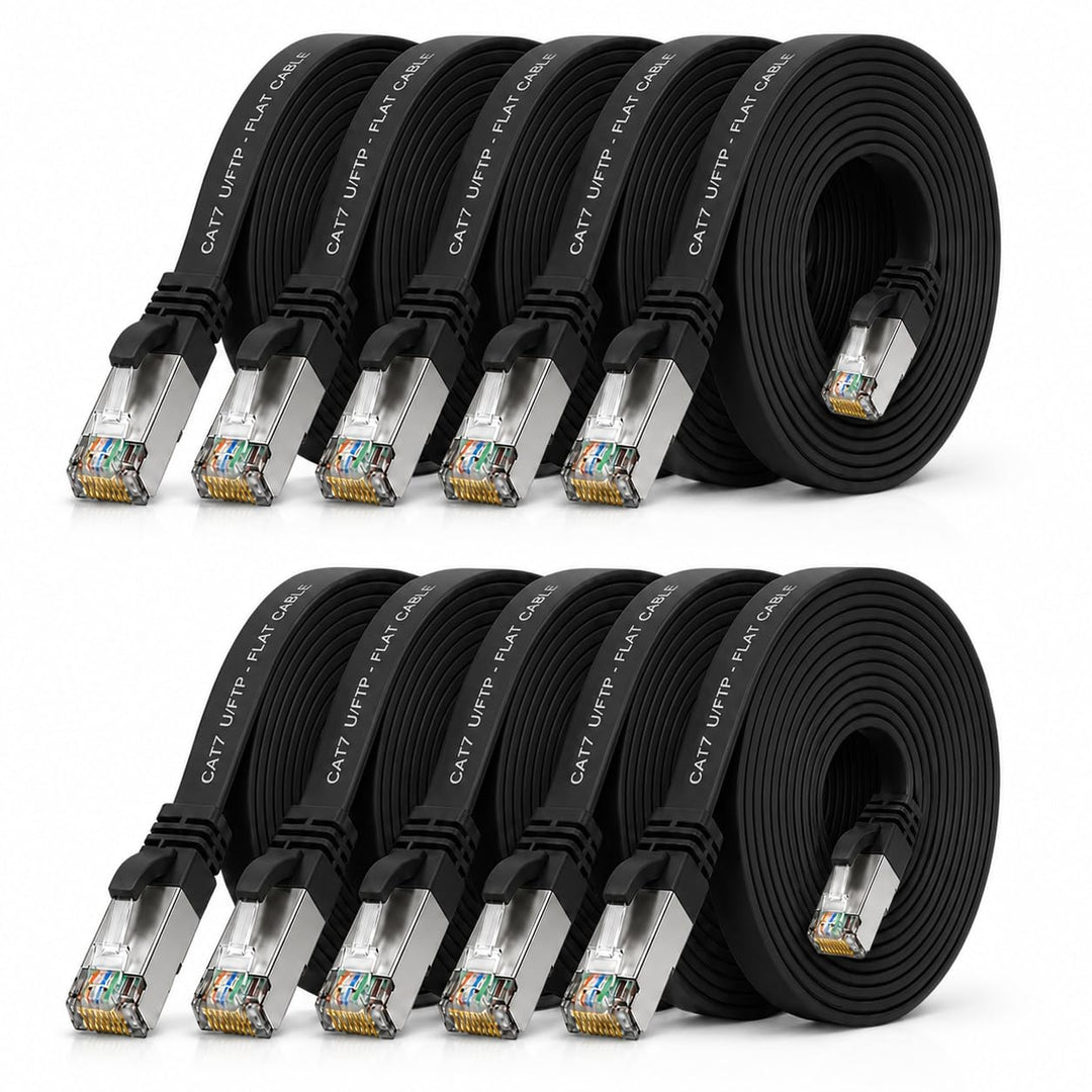 10m - schwarz - 10 Stück CAT.7 Gigabit Ethernet LAN Flachband Flachbandkabel (RJ45) Netzwerkkabel Ro