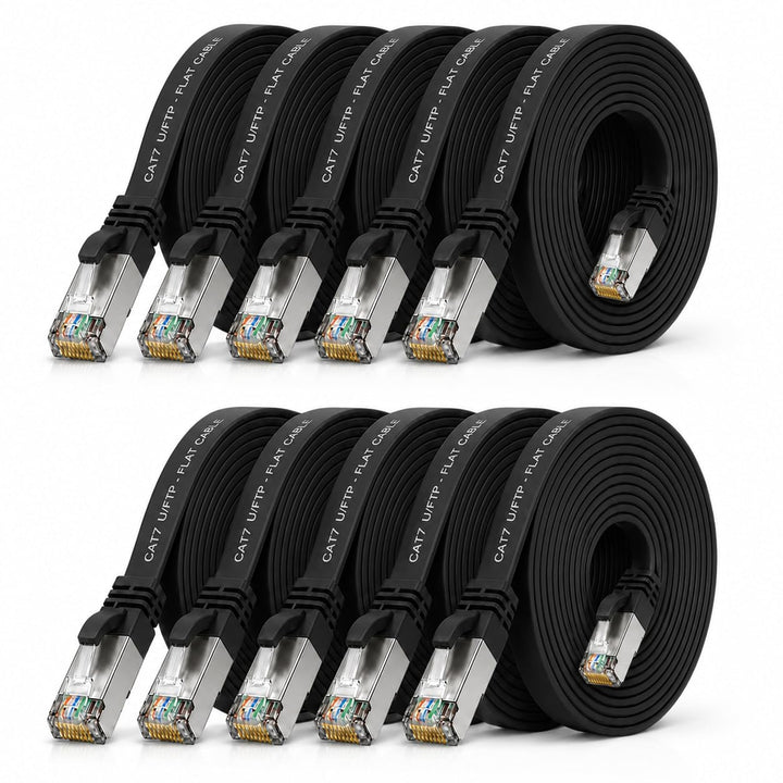 10m - schwarz - 10 Stück CAT.7 Gigabit Ethernet LAN Flachband Flachbandkabel (RJ45) Netzwerkkabel Ro