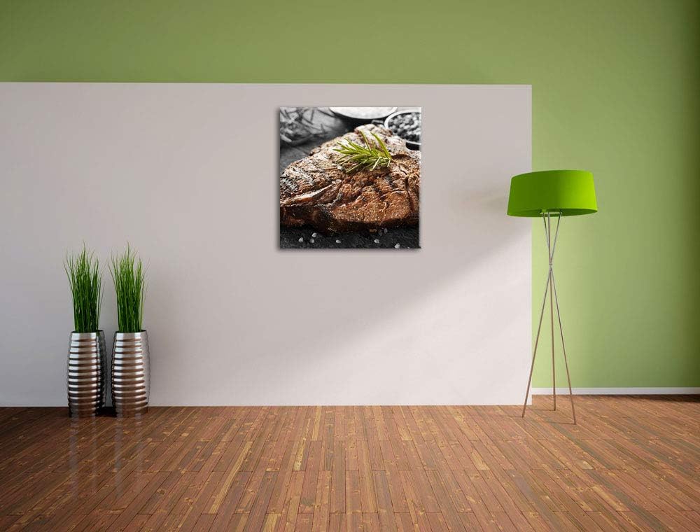 Pixxprint Gebratenes Steak mit Rosmarin als Leinwandbild/Grösse: 70x70 cm/Wandbild/Kunstdruck/fertig