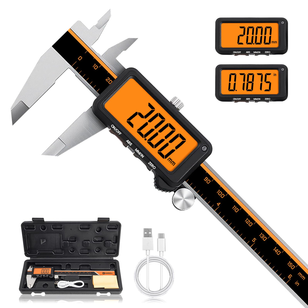 HARDELL Digital Caliper, Rechargeable Digital Caliper with Large Orange Screen - Anti-Glare LCD & AB