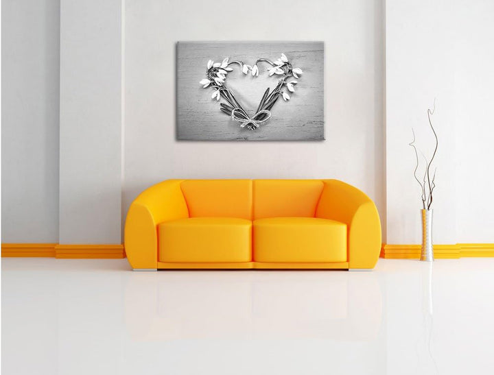 Herz aus Blumen Kunst B&W, Format: 100x70 auf Leinwand, XXL riesige Bilder fertig gerahmt mit Keilra