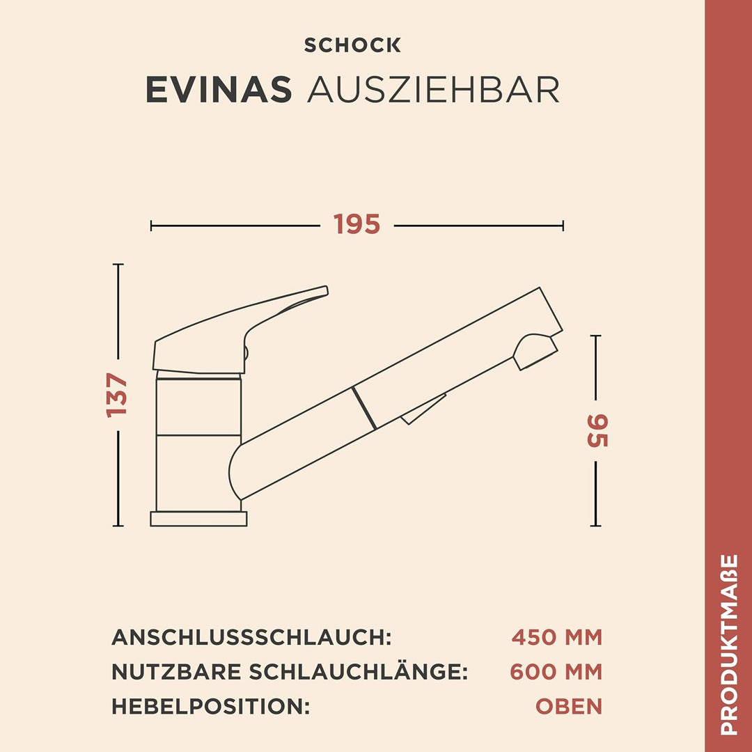 SCHOCK Küchenarmatur Evinas Edelstahl – Hochdruck Armatur mit ausziehbarer Schlauch-Brause und Umsch