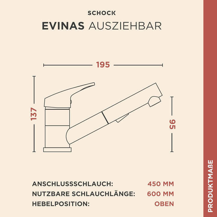 SCHOCK Küchenarmatur Evinas Edelstahl – Hochdruck Armatur mit ausziehbarer Schlauch-Brause und Umsch