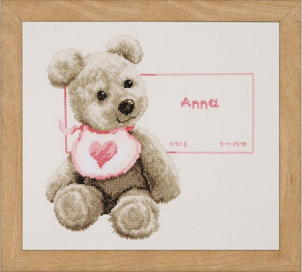 Vervaco Zählmusterpackung Teddy mit Lätzchen Aida Kreuzstichpackung, Weiss, 26 x 26 x 0,3 cm