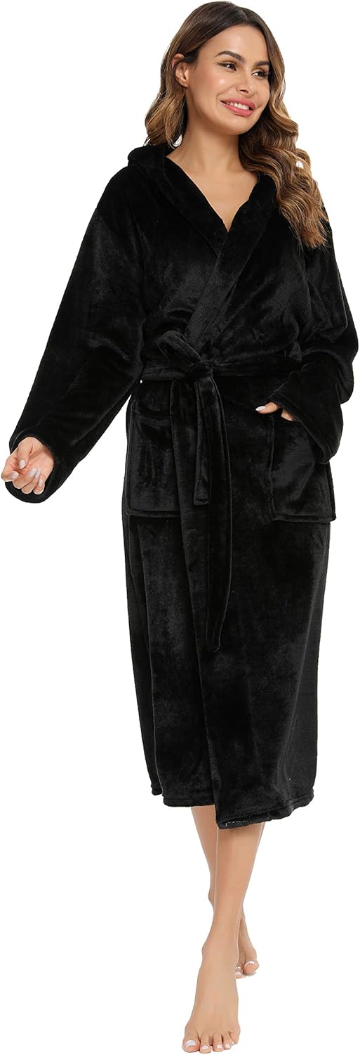 Vlazom Damen Winter Bademantel Flanell mit Kapuze Langärme Morgenmantel Saunamantel Flauschiger Robe