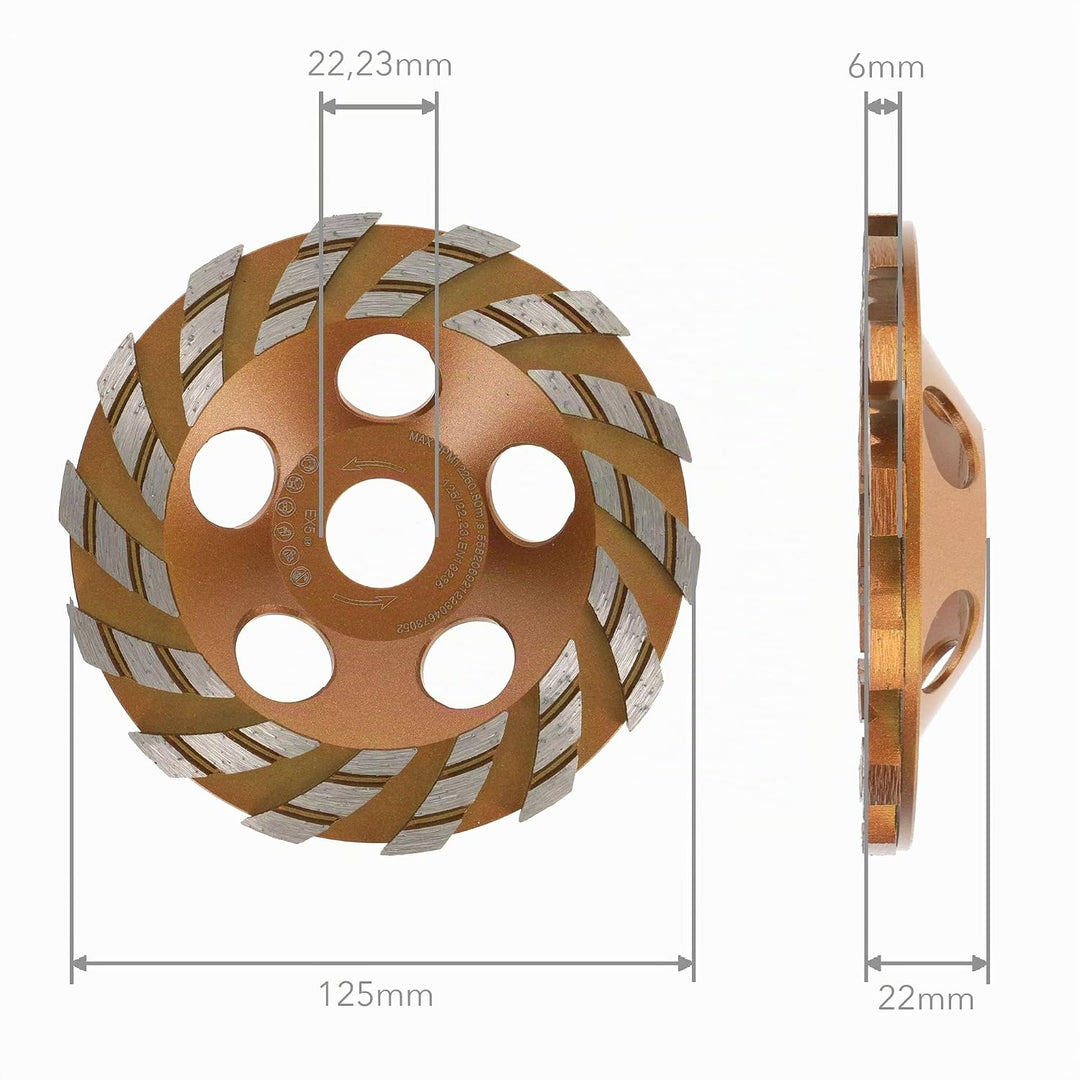 PRODIAMANT Premium Diamant-Schleiftopf 125 mm x 22,2 mm Diamantschleifteller TurboSpeed+ für Beton,