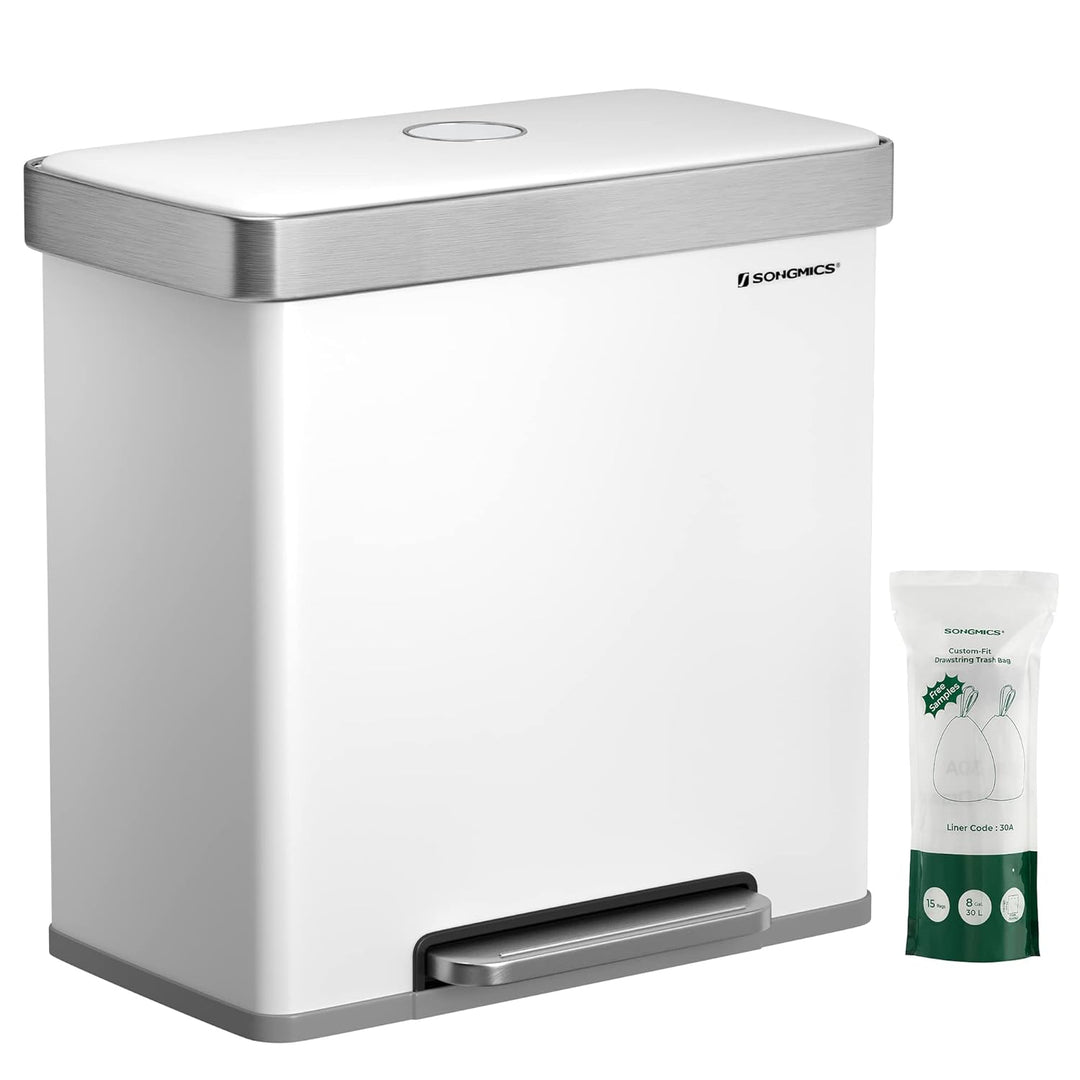 ‎SONGMICS Kücheneimer, 2 x 30L Edelstahl-Tret-Abfalleimer mit 15 Müllbeuteln, Recycling und Abfall,