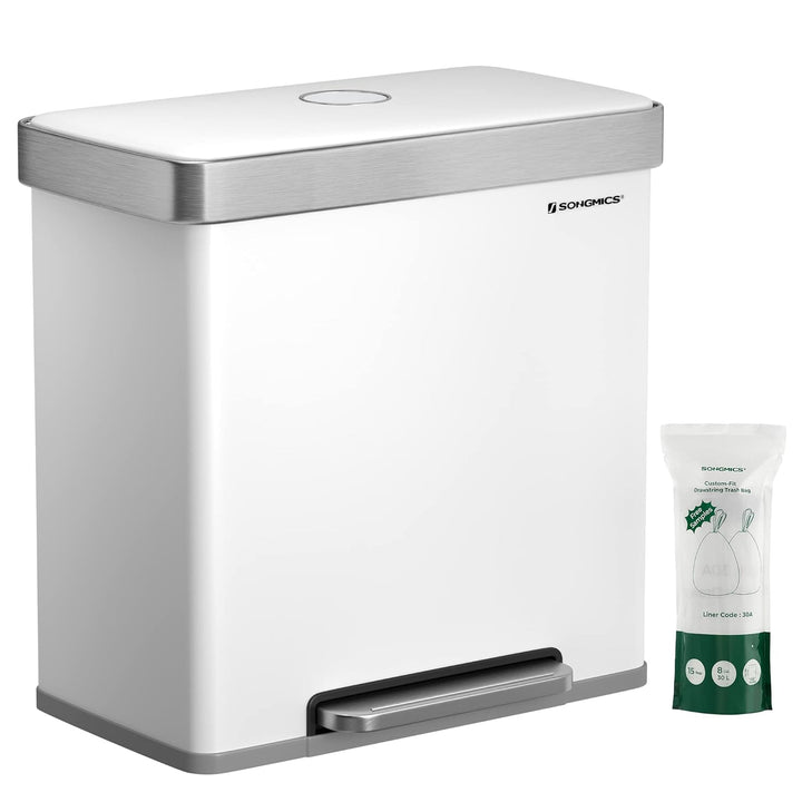 ‎SONGMICS Kücheneimer, 2 x 30L Edelstahl-Tret-Abfalleimer mit 15 Müllbeuteln, Recycling und Abfall,