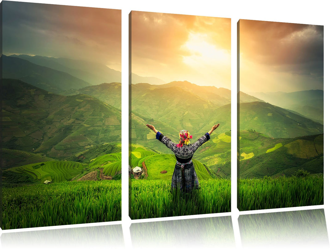 Pixxprint asiatische Berg Farm als Leinwandbild/Grösse: 3 Teilig (120x80) / Wandbild/Kunstdruck/fert