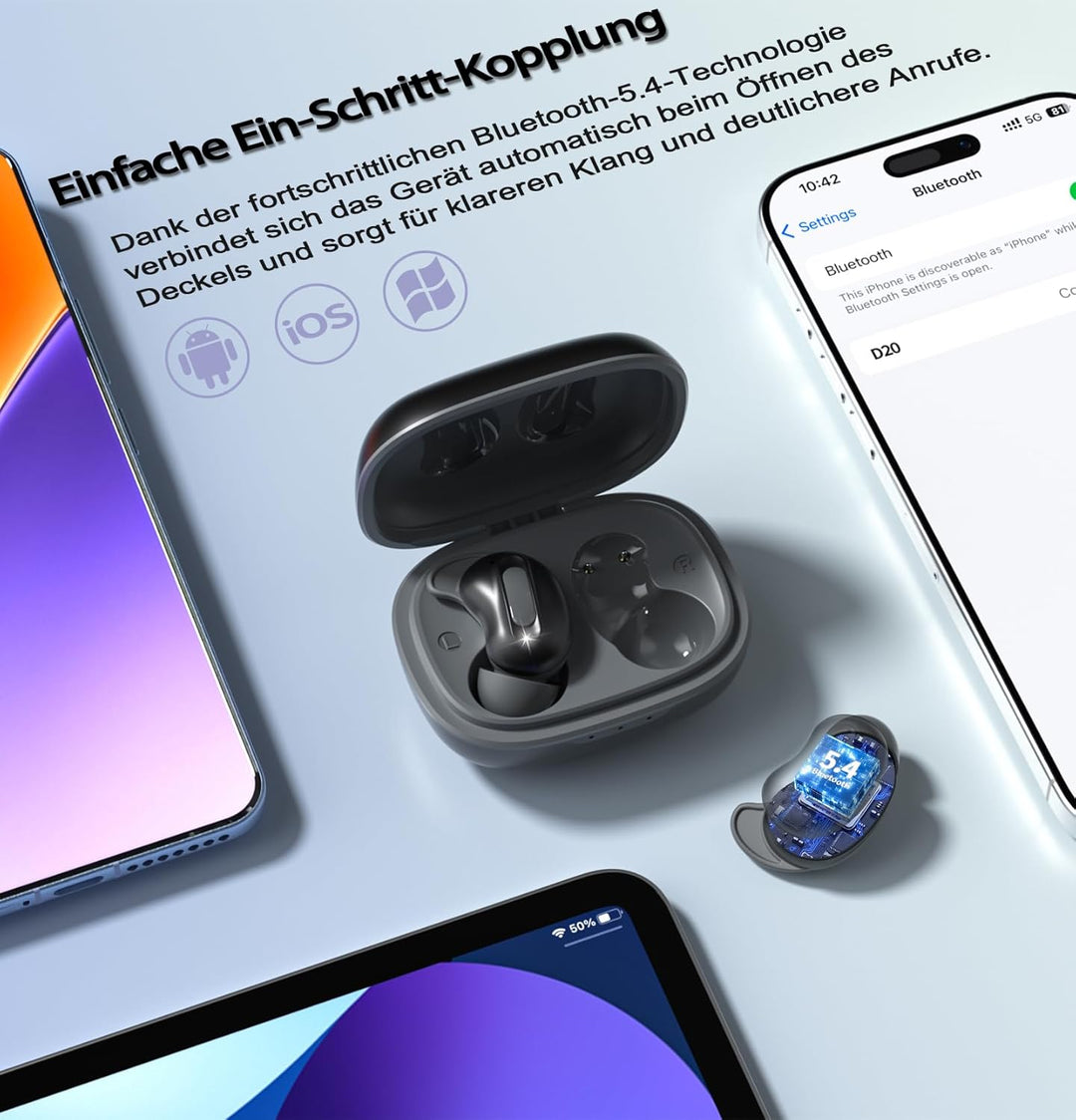 Bluetooth Kopfhörer, Schlafkopfhörer, In-Ear Kopfhörer Kabellos Bluetooth 5.4, Hi-Fi Sound mit ANC+E