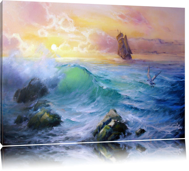 Sturm überm Meer Kunst Format: 100x70 auf Leinwand, XXL riesige Bilder fertig gerahmt mit Keilrahmen