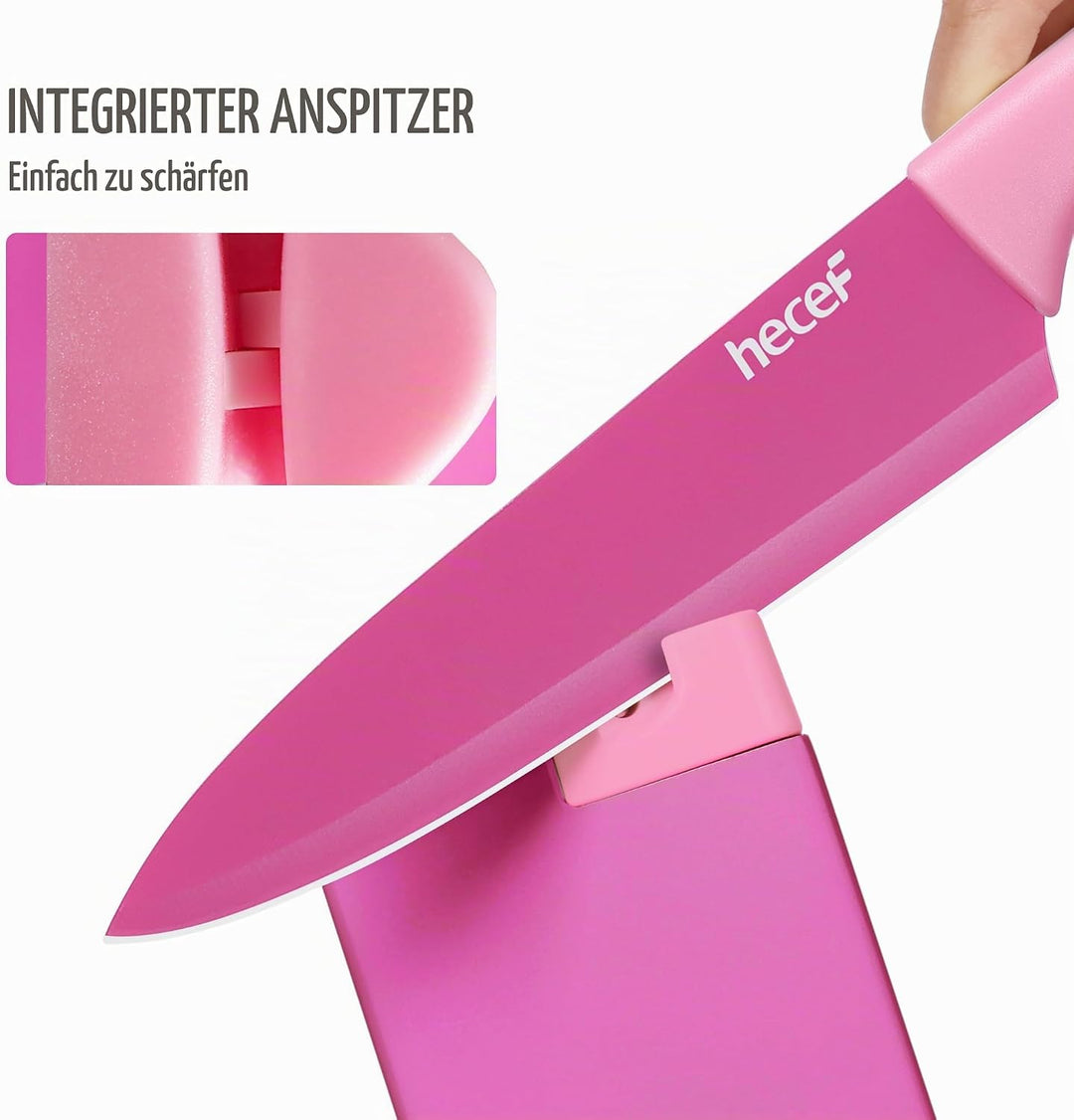 hecef 14-teilig Messerblock mit Messer, Pink, Antihaft-Beschichtung – Spülmaschinenfest, Messerblock